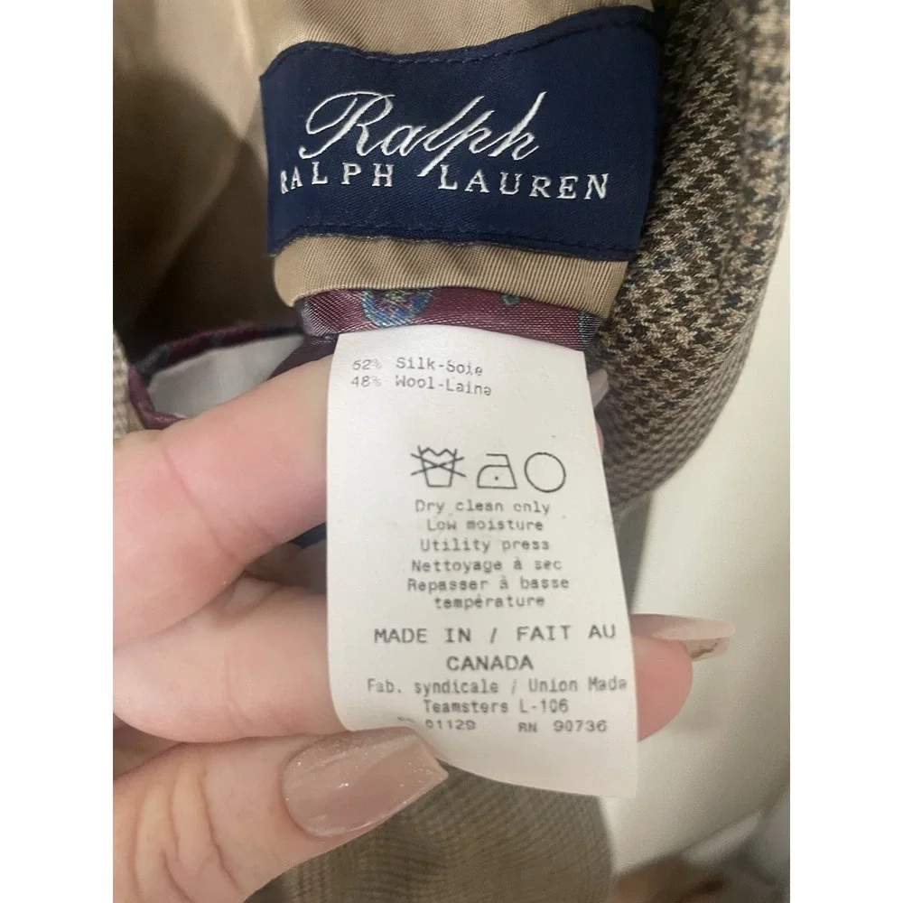 Vintage Ralph Lauren‎ Brown Wool Silk Blazer Mens 46L Houndstooth Sport Coat